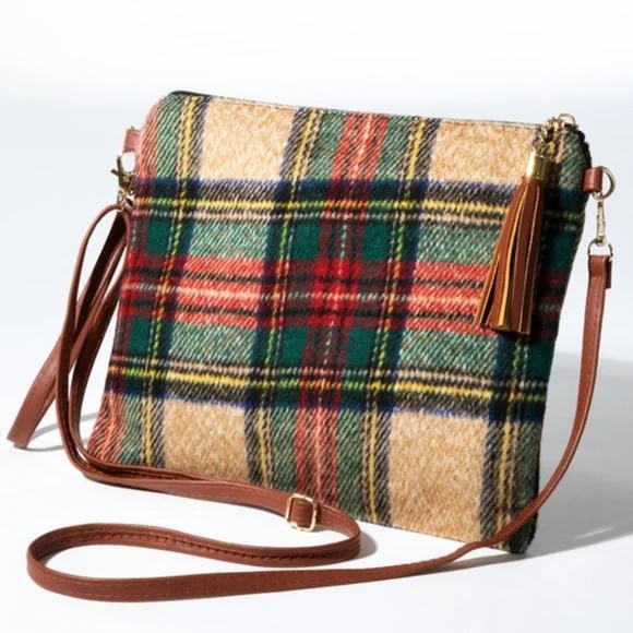 Plaid Vegan Leather Zipper Tassel Shoulder Crossbody Bag - Picture 4 of 6
